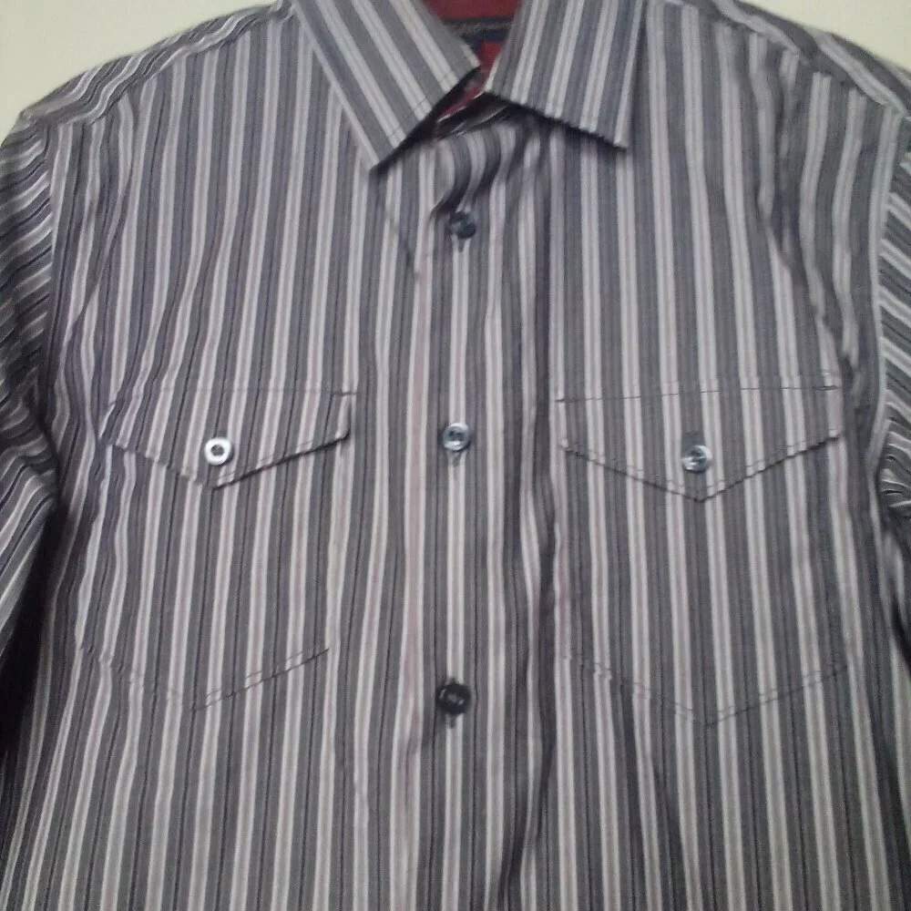 Banana Republic Shirt Men S 14 14 1/2 Slim Fit Button Up Pockets Stripe Gray Red